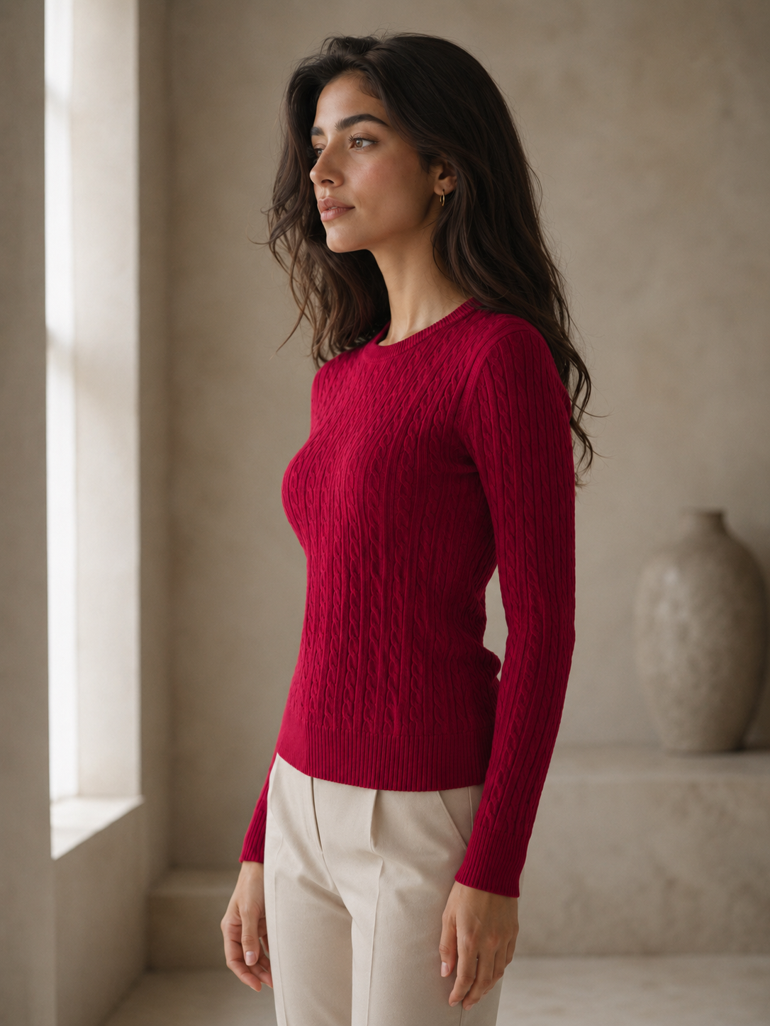 Cotton Cable Crewneck - Red