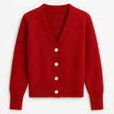 Red cashmere wool cardigan with gold buttons on a white background