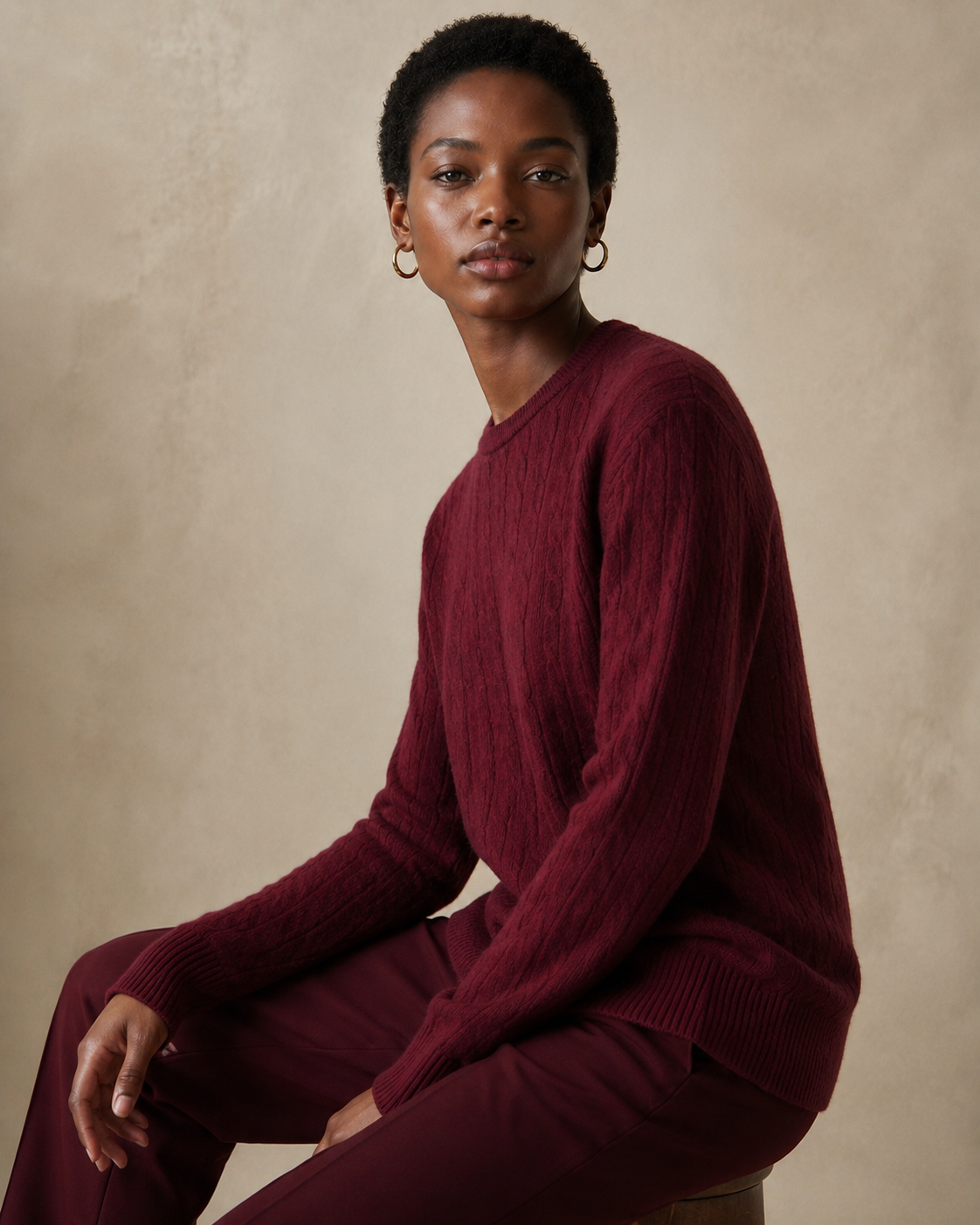 Cashmere Wool Cable Crewneck Unisex Sweater - Wine