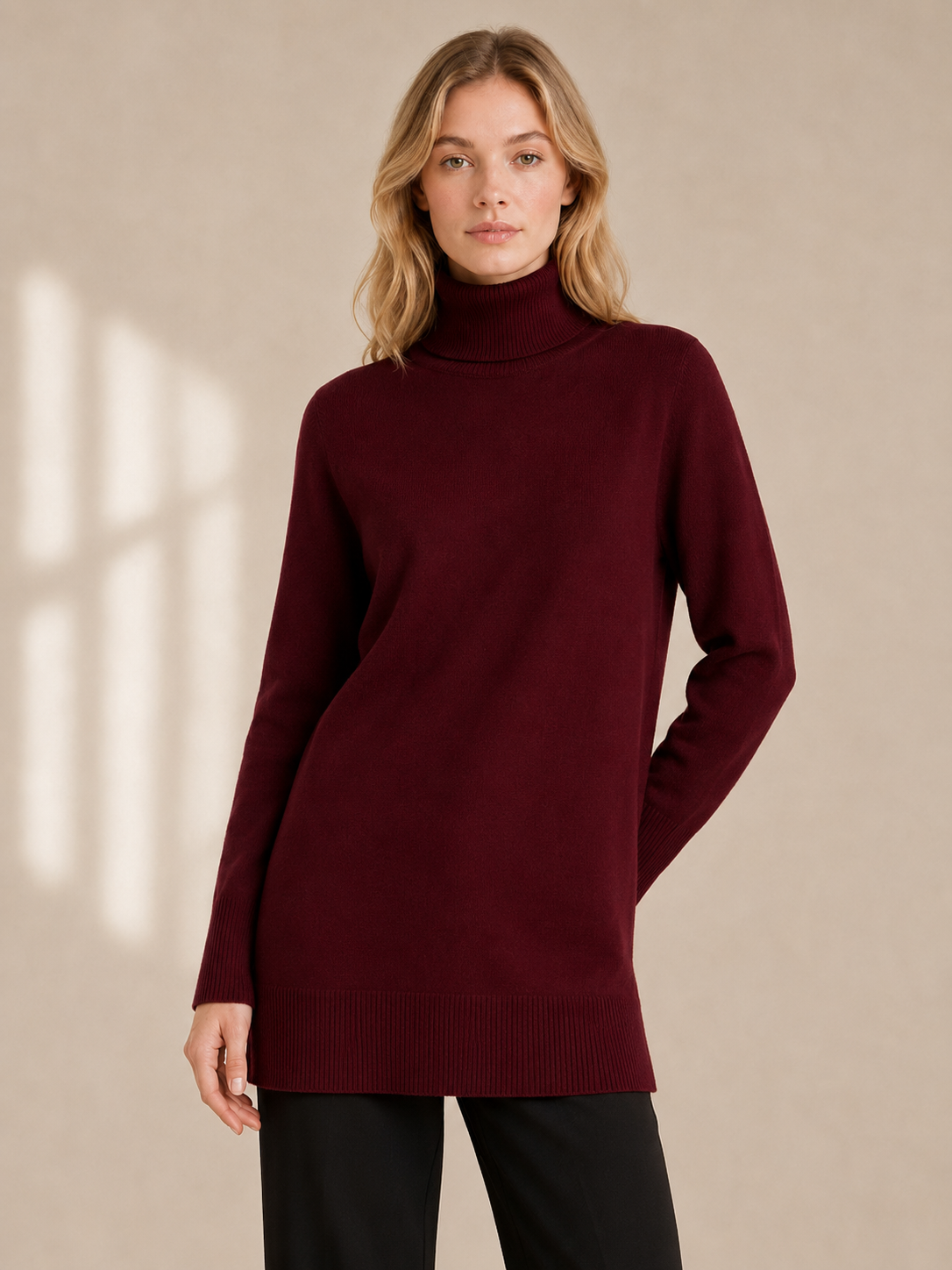 Cashmere Wool Long Turtleneck - Burgundy