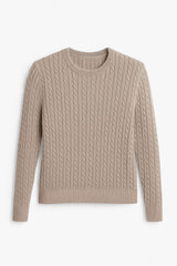 A beige cable-knit crewneck sweater with long sleeves, shown flat against a light gray background.