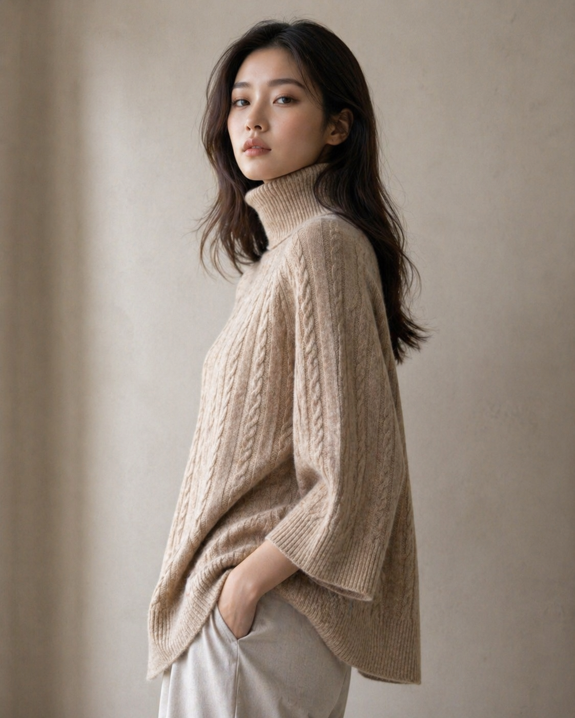 Woman wearing a beigecable turtleneck tunic cable knit sweater against a plain background