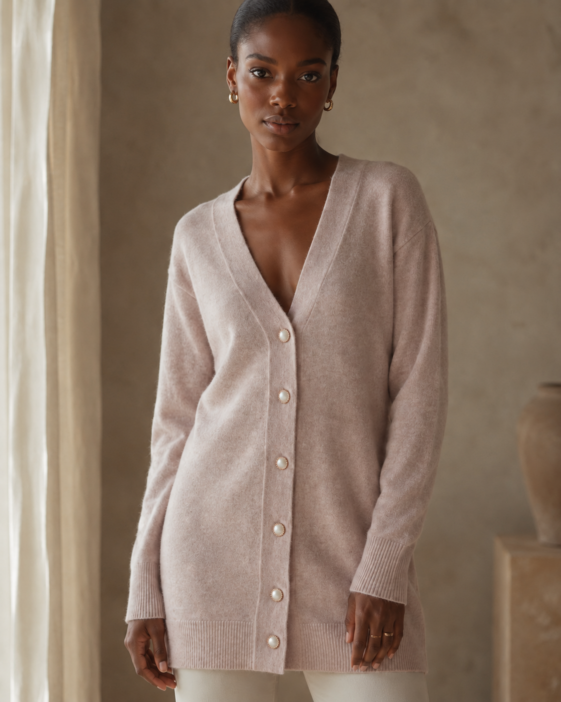Woman wearing a light beige cashmere long cardigan in a neutral setting