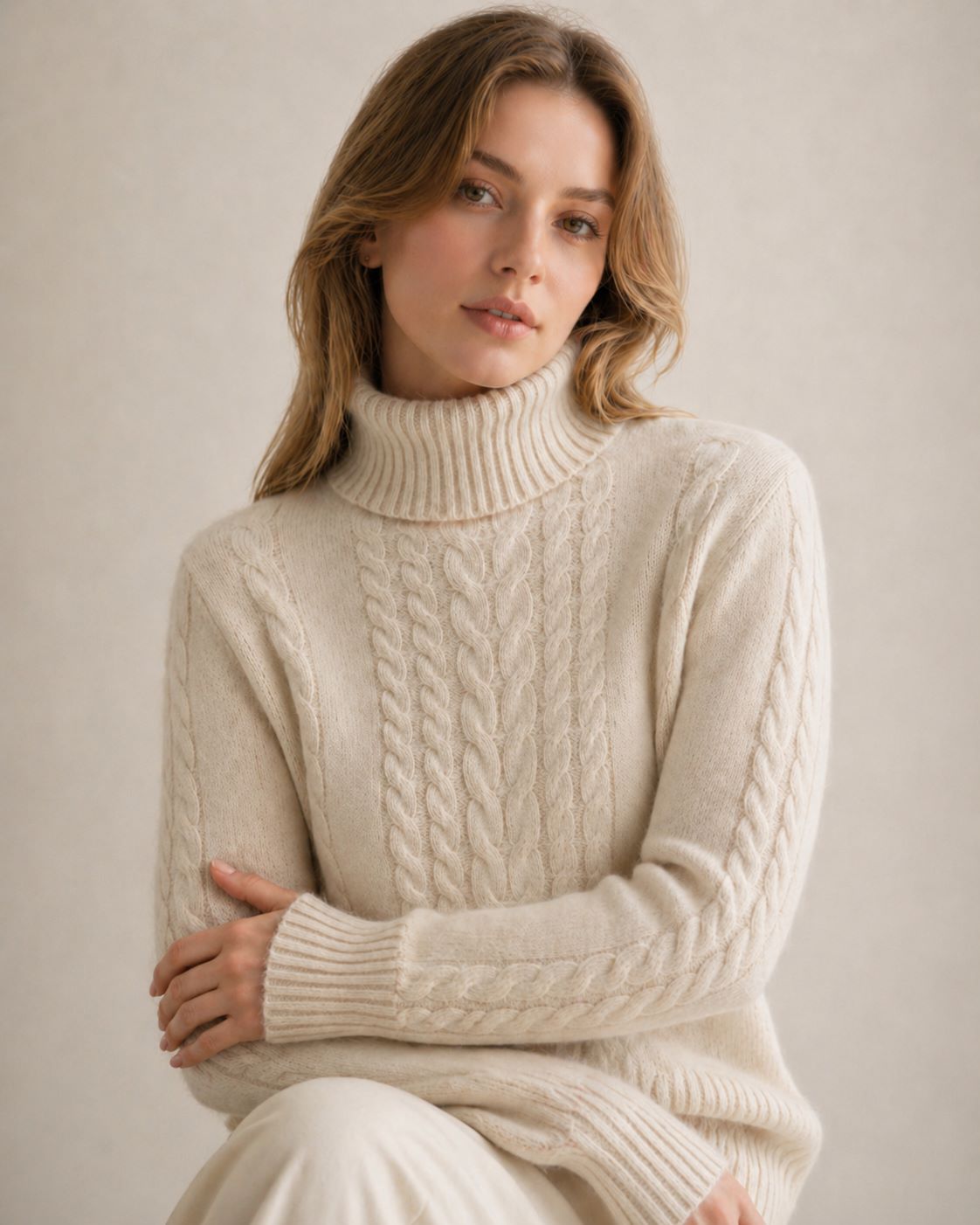 A woman wearing a cream-colored cable-knit turtleneck cashmere sweater, posed against a neutral beige background.