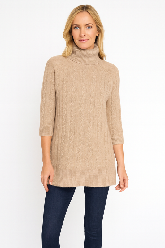 Pure Cashmere Cable Turtleneck Tunic - Beige