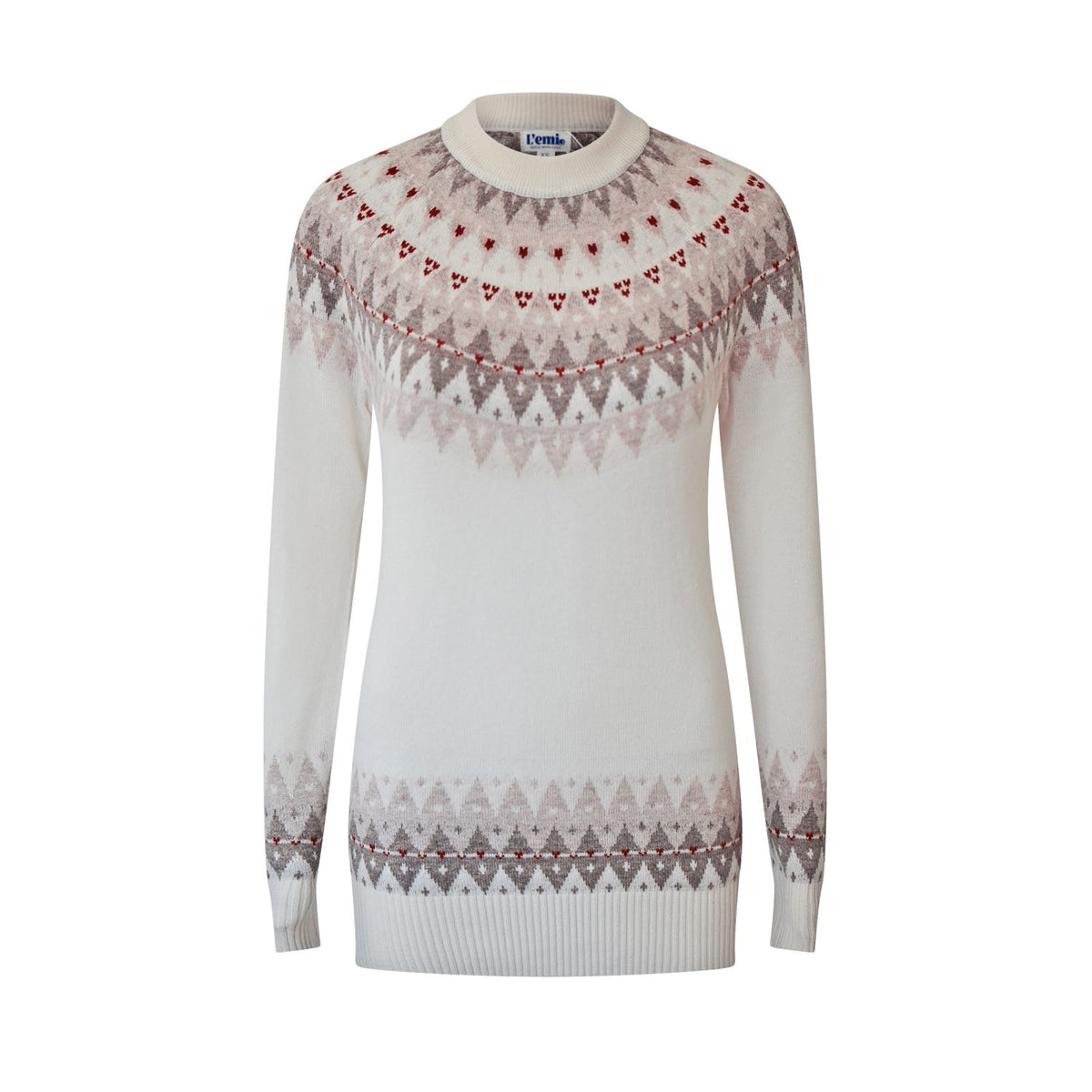 A beige and multicolored fair isle cashmere wool crewneck sweater with a geometric pattern.