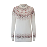 A beige and multicolored fair isle cashmere wool crewneck sweater with a geometric pattern.