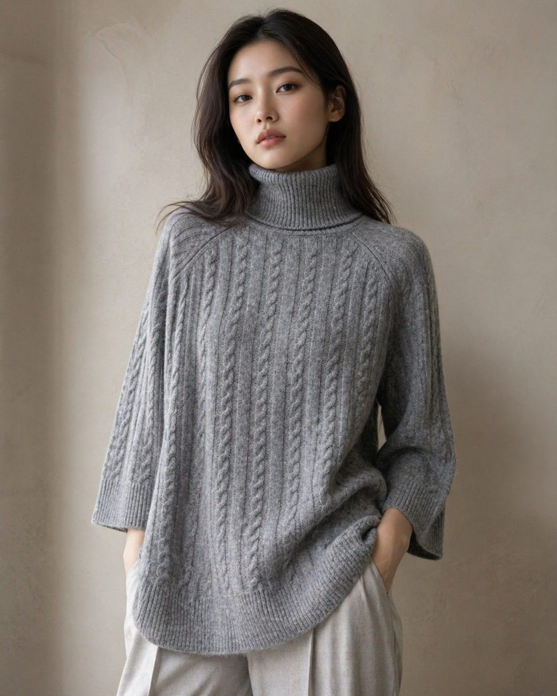 Woman wearing a gray Cable Turtleneckknit sweater against a neutral background