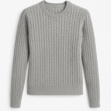 Gray cable knit sweater on a white background