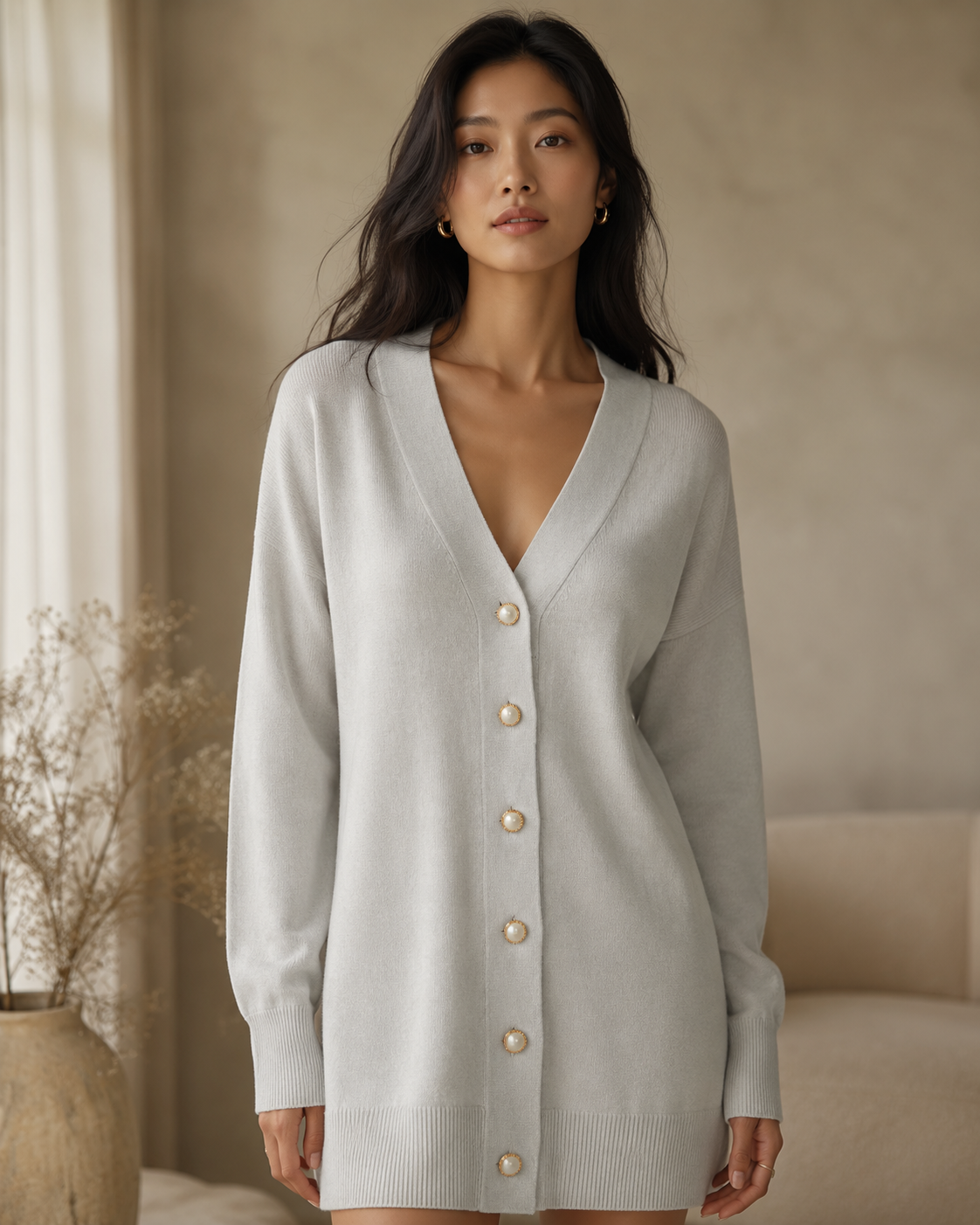 Woman wearing a light gray cashmere cardigan with a neutral background