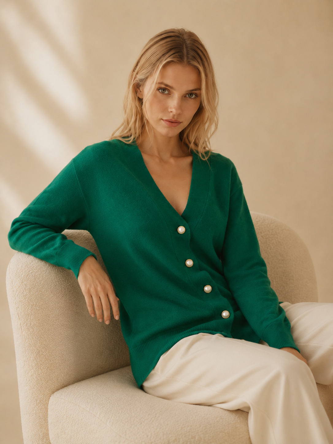 Woman wearing a green cardigan with white buttons sitting on a beige chair.