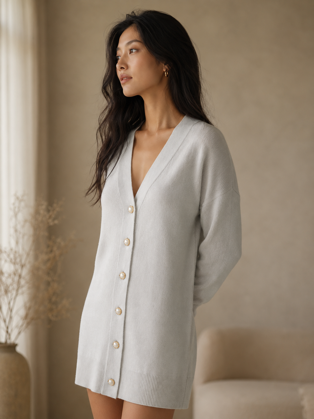 Woman wearing a light graycashmere wool cardigan in a softly lit room.