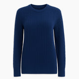 A navy blue cable-knit crewneck sweater displayed on a clean white background.