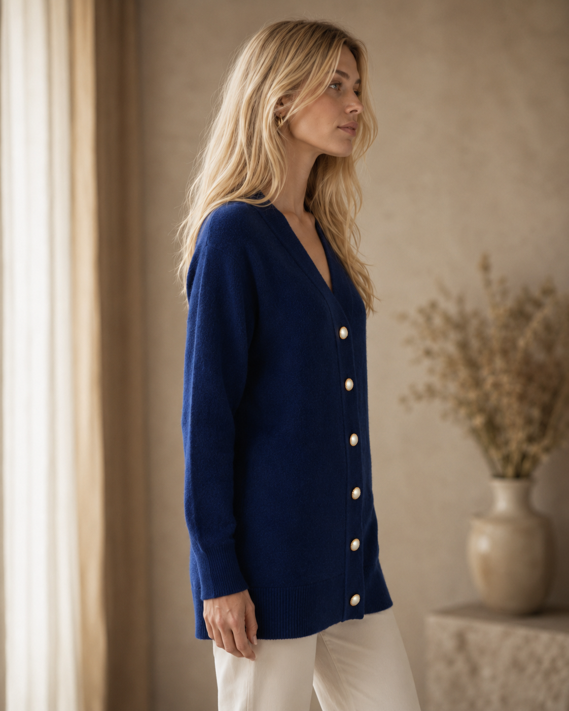 Woman wearing a navy blue cashmere long cardigan with white buttons in a softly lit room.