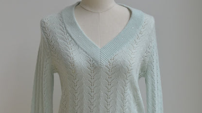 Cashmere Sequin Crochet Vneck Sweater- Mint