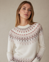 Woman wearing a white sweater with intricate pattern on a plain background